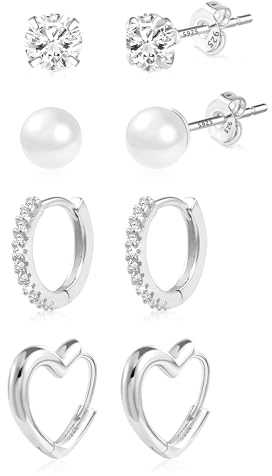 ALEXCRAFT Zirkonia Penlen Herz Ohrringe Ohrstecker Silber 925 Set Klein Damen Geschenk für Frauen Freundin Mama Mädchen 4 Paar