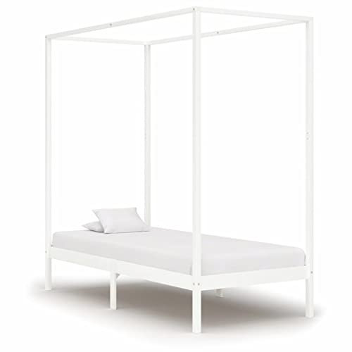 Gecheer Canopy Bed Frame Single Bed 4 Poster Bed Wooden Bed Base with Underbed Storage Modern Bedroom Furniture White Solid Pine Wood 100x200 cm