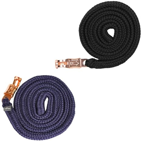 Marengos - Führstrick mit Panikhaken Modern Rosé 200 cm | Führleine aus 100% Polyester | komplett geflochtener Pferde-Strick | Anbindestrick mit roségoldenen Beschlägen | in Nachtblau