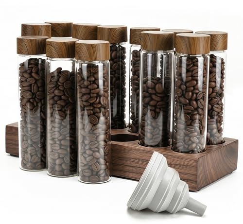 Primst Single Dose Coffee Bean Storage Tubes, 12 Tubes Coffee Bean Cellars Coffee Storage Containers Sealed Dosing Glass Vials for Tea, Coffee, Spices (Long)