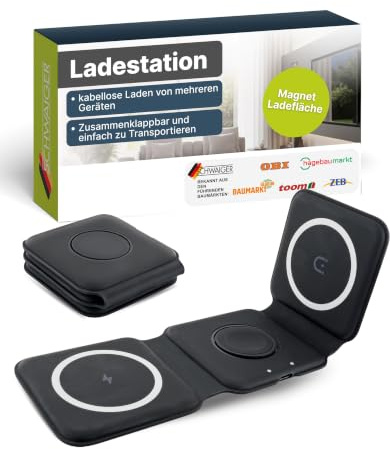 SCHWAIGER LISM0031 laddningsstation laddare laddningsplatta QI trådlös multiladdning magsafe vikbar reseladdare laddningsadapter smartphone iPhone Smartwatch AppleWatch hörlurar Airpods