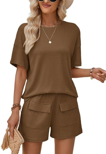 Rayson Chandal Mujer Chándal Completo 2 Piezas Verano Pantalones Cortos con Bolsillos y Cuello Redondo Top