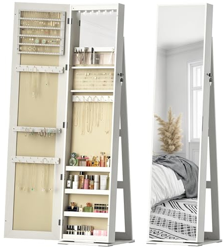 HOMCOM Espejo Joyero de Pie Blanco con Veta de Madera Forro Beige Claro