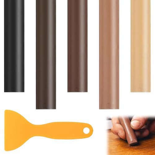 5Pcs Wax Filler Wood Repair Sticks Laminate Worktop Repair Kit Laminate Floor Light to Dark Brown for Wooden Furniture Laminate Flooring Table Door Guitar Scratches Holes Stains with 1 Scraper