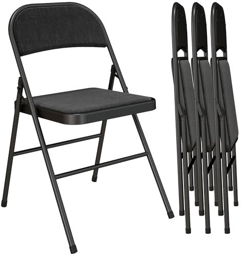 HOMCOM Padded Folding Chairs Set of 4 Linen-Look Foldable Chairs with Cushioned Seat and Metal Frame for Home Office Dining Computer Desk Reception Room Black