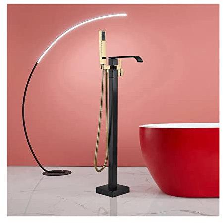 Robinet de Baignoire autoportant, mitigeur de Baignoire Cascade, Robinet de Baignoire à poignée Unique en Laiton avec douchette, Robinet de Baignoire à Montage au Sol, Noir et Or