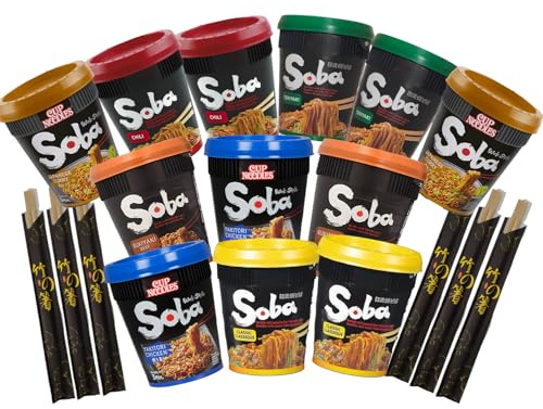 MiFan Ramen Box – 12 Cup Soba Nouilles Japonaises Instantanées | 6 Saveurs | Baguettes Incluses
