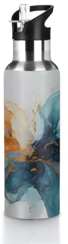 Blue Orange Marble Pattern Insulated Water Bottle, 20oz Vacuum Flask with Leak-Proof Lid, Travel Sports Bottle for Cold & Hot Drinks, Ideal for Gym Hiking Camping Office School