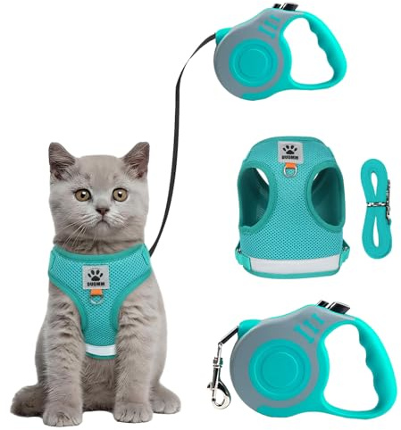 Bindokun kattsele och koppelset, flyktsäker kattungesele med kattkoppel, 5 m (16,4 fot) automatiskt infällbart kattkoppel för trädgård, reflekterande justerbar mjuk väst för kattpromenader (sjöblå, S)