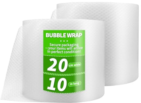Rierousy Rollo de envoltura de burbujas, 10 m de largo x 20 cm de ancho, película de embalaje, película de embalaje, rollo de material de embalaje, lámina acolchada de polietileno, 2 rollos para