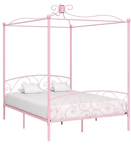 faucqel Himmelssäng, rosa metall, sängram, 180 x 200 cm med ribbotten, stabil sovrumssäng, ram för gardiner och myggnät, elegant ungdomssäng, familjesängsdesign