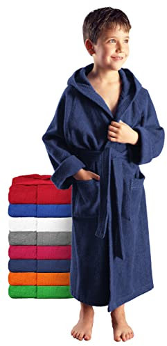 Arus Kinder-Bademantel mit Kapuze für Jungen und Mädchen, 100% Baumwolle Frottee, lang, Marine, 140