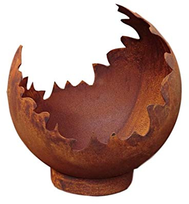 Deko/Feuerkugel/Pflanzkugel 30 cm aus Metall -hergestellt in der EU- Edelrost Rost mit Standring Windlicht Garten Pflanzgefäß Blumentopf plus kleine rustikale offene Amphore ca. 10 cm als Deko dazu