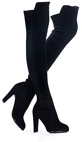 Shoe'N Tale Women Faux Suede Chunky Heel Stretch Over The Knee Thigh High Boots(10,Black)