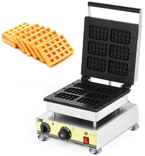 CGOLDENWALL NP-506 Gofrera Máquina para Hacer Gofres Belgas de Ttipo de Piruleta, 6 pcs - 98 * 57 * 12mm, Acero Inoxidable, Placa Antiadherente de Teflón, Termostato Regulable, 1.65kW