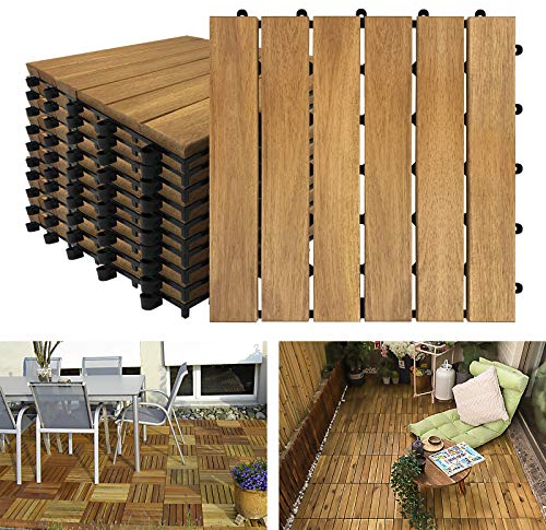 NAIZY Dalles de terrasse, en bois d'acacia, 30 x 30 cm, avec drainage et dalles à clic, pour le jardin, la terrasse et le balcon