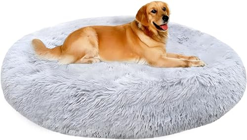 XXL Panier pour Chien Tissu Peluche,Lit Moelleux Rond pour Chat,XL Panier Chien Orthopedique,Coussin Anti Stress pour Animaux Moyen Grand Taille,Lavable Tapis Puppy(110cm, Gris)