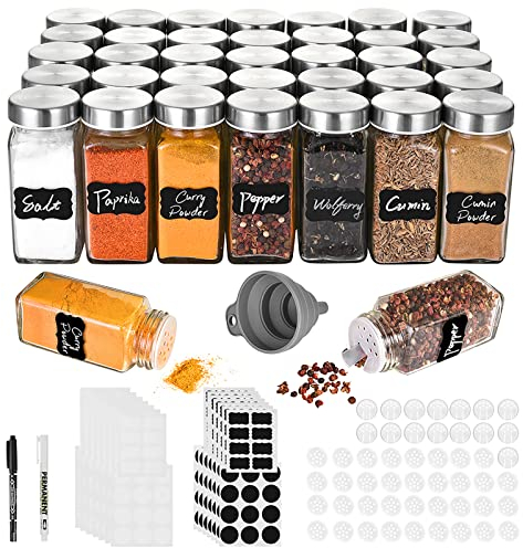 Miorkly Bocaux à Épices Carrés 120ml - 35 Pièces avec Saupoudroir, Couvercle en Acier Inoxydable, Saupoudreuse en Verre, Entonnoir, Etiquettes & Crayon