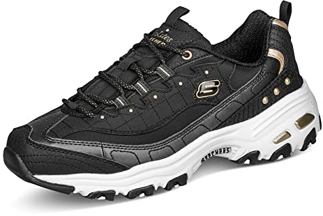 Skechers Damen D'Lites Ladies Night Sneaker, Schwarzer Duraleather Goldbesatz, 39 EU