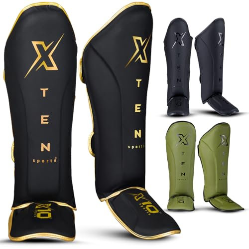 XTEN Shin Guards for Kickboxing, Muay Thai, MMA and Training Pads, Maya Hide Leather Instep Foam Protection, Leg Foot Protector for Martial Arts, Sparring, BJJ and Boxing Gear