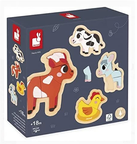 Janod - 4 Holzpuzzle mit 2 bis 5 Teilen - Puzzle zum Thema Bauernhoftiere - Spielzeuge für Kinder - Pädagogische Spiele - Baby- und Kleinkindspielzeug - Ab 18 Monaten, J07114