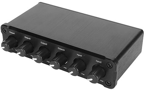 Distributeur Mixte de Son 2 en 4 Sorties, Amplificateur de Signal Sonore Volume sans Perte Réglable 100‑240V Prise Casque 3,5 Mm pour Téléphone (Prise UE)