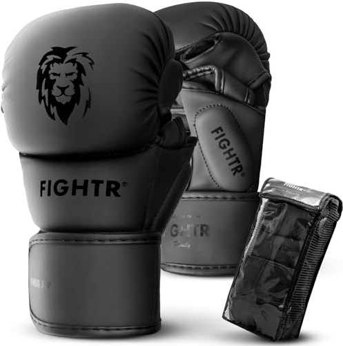 FIGHTR® MMA Sparring Handschuhe mit bestem Sitz für maximale Stabilität | mit extra Dicker Polsterung | für Sparring, MMA, Boxen, Kickboxen & Kampfsport 07 oz | inkl. Tragetasche (All Black, L)