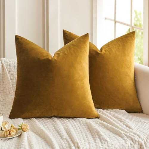 MIULEE Funda Cojines de Terciopelo para Sofa Suave Fundas de Almohada de Cama Silla Color Solido Cremallera Oculta Decoración para Sala de Estar Dormitorio Habitacion 2 Piezas 45x45cm Amarillo Mostaza