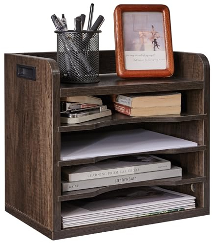 YMYNY Breau-organisatör i trä, förvaringshylla, postkorg med avtagbara surfplattor för A4-tillbehör, dokument, böcker, anteckningsböcker 34 x 23 x 31,5 cm HBC006G