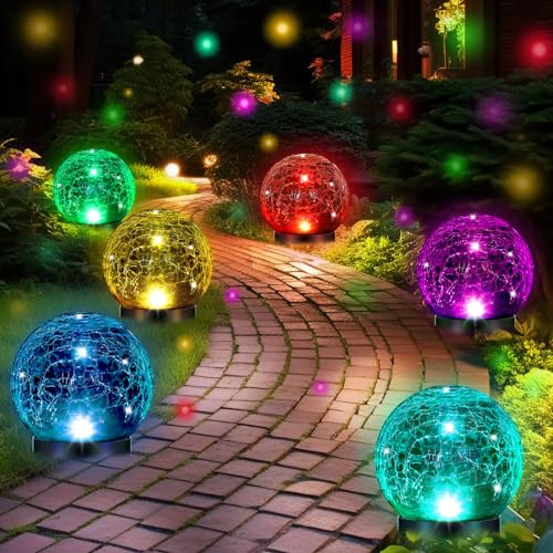 Glooglitter 6 Pcs Extra Large Solar Globes Lights Outdoor Cracked Glass Ball Solar Light Multi Color Pre Lit Crystal Waterproof Lawn Globes for Yard Landscape Garden Decor (4.72)
