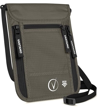Vantamo Premium Neck Wallet for Traveling, RFID Protected Passport Bag Fits Documents, Cash and Phone, Lightweight & Consealed Travel Wallet and Document Holder for Men & Women with Adjustable Strap