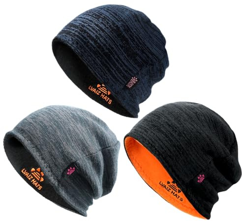 3 Pack Reversible Winter Fleece Lined Beanie Hats for Men Women Warm Windproof Cotton Stretchy Knitted Skull Caps