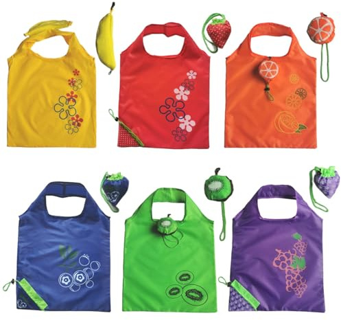 Jilskl 6 Pezzi Sacchetti Per La Spesa a Forma Di Frutta, Borsa Della Spesa Pieghevole, Borsa Portaoggetti Riutilizzabile, Sacchetti Della Spesa Di Fragole, Uva Viola, Banana, Kiwi, Mirtillo e Arancia