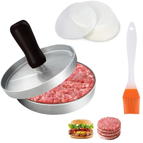 Burger Press Patty Maker, Hamburger Press with 100 Silicone Papers and Silicone Brush, Burger Maker for BBQ, Baking, Stuffed Burgers, Beef Burger