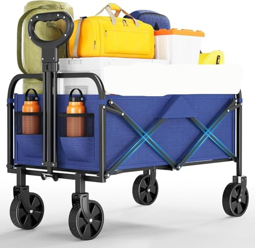 Chariot de plage pliable XL - Charge maximale : 172 kg - Chariot de plage pliable avec roues pivotantes à 360° - Pour camping, shopping, jardin, 73 x 46,5 x 89,5 cm - Bleu