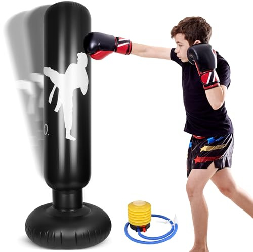 Zourglow Sac de Frappe Enfant, 160 cm Gonflable Sac de Boxe Enfant avec Pompe, Cadeau pour Garçons et Filles de 3 à 12 Ans, Punching Ball Enfants pour Boxe, Karaté, Taekwondo