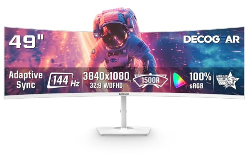 Deco Gear 49 Curved Ultrawide Gaming Monitor | 32:9 | 3840x1080 | 144Hz | 3000:1 | E-LED | 2 HDMI | 2 Display Port - Exclusive White Edition, an American-Owned & Operated Company