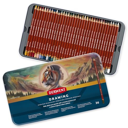 Derwent ritpennor, set med 36 i plåtburk, 5 mm rund stift, premiumstiftstyrka, krämig konsistens, idealisk för konstnärlig teckning och färgläggning, professionell kvalitet, 2306557