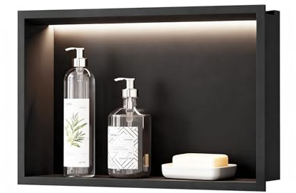 sunrik Nicho de Pared LED para Ducha, nicho de Ducha de Acero Inoxidable para iluminación de baño, estantes para iluminación Impermeable y Almacenamiento, Negro Mate, 45×30 cm, no se requieren