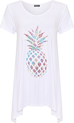 WearAll Femmes Plus Diamante Ananas Haut Dames Mouchoir Ourlet Court Manche Évasée Haut - Blanc - 54-56