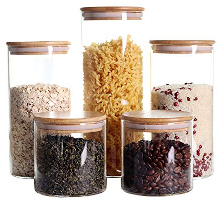 LEAVES AND TREES Y Stackable Kitchen Canisters Set, Pack of 5 Clear Glass Food Storage Jars Containers with Airtight Bamboo Lid for Candy, Cookie, Rice, Sugar, Flour, Pasta, Nuts