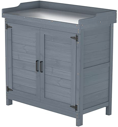 Outdoor Garden Patio Wooden Storage Cabinet Furniture Waterproof Tool Shed with Potting Benches Outdoor Work Station Table (Gray)
