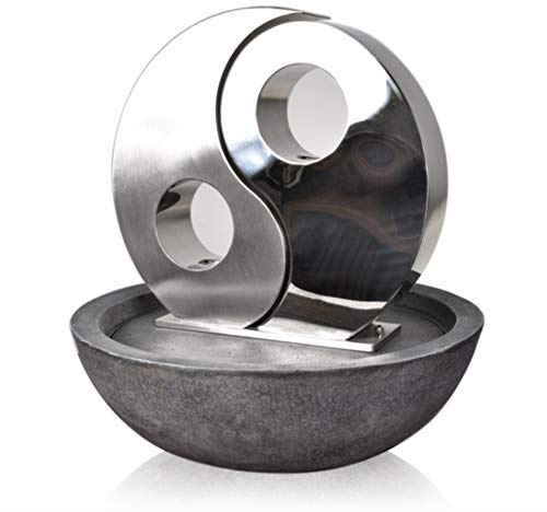 KÖHKO® Wassserwand Yin Yang con illuminazione a LED, rotonda, ca. Ø 48 cm, fontana in acciaio inox con bacino in poliresina 23018