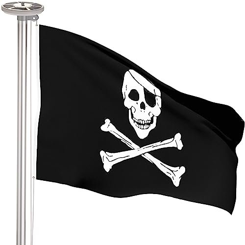 BRUBAKER 6 m Aluminium Fahnenmast inkl. Piraten Flagge und Solar Fahnenmastlicht - Flaggenmast mit Bodenhülse + Piratenflagge Totenkopf + Solar-Energie Licht mit 26 LEDs - All-in-One Set