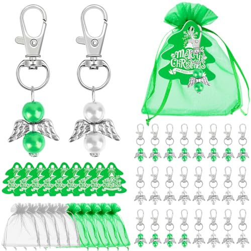 Encuryna 72 StückSchutzengel Gastgeschenke, Engelanhänger + Organzabeutel + Kraftpapier Geschenkanhänger, Schutzengel Anhänger für Hochzeit Gastgeschenke Taufe Kommunion Weihnachten (Grün + Weiß)
