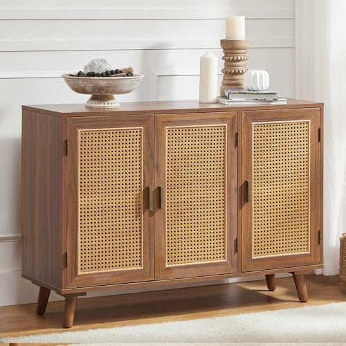 HULALA HOME Storage Cabinet with 3 Natural Rattan Doors and Adjustable Shelves, Wooden Sideboard Buffet Cabinet with 2-Tier Storage and Solid Wood Legs for Living Room and Dining Room, Walnut