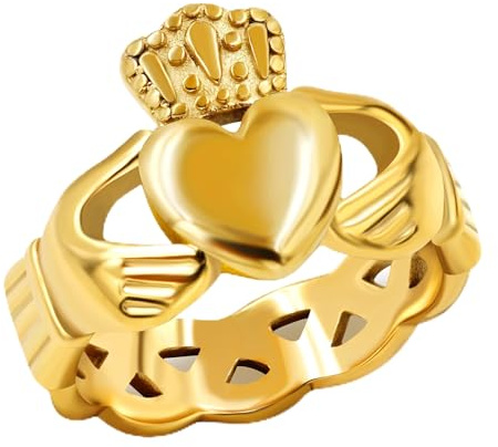 Uloveido Gold Plated Hand Heart Irish Claddagh Ring Love Loyalty Celtic Knot Rings Stainless Steel Wedding Bands