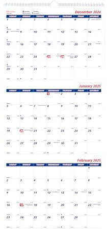 Brownline® Calendario de pared de tres meses 2025, 14 meses, diciembre de 2024 a enero de 2026, encuadernación de doble alambre, 12.2 x 27 pulgadas (C171128-25)