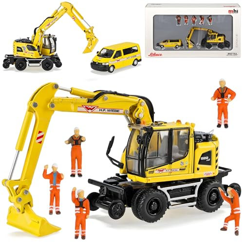 Liebherr A 922 Rail Zweiwege Bagger mit Volkwagen T5 und 5 Bauarbeiter Baustelle Baufahrzeug H0 1/87 Schuco Modell Auto