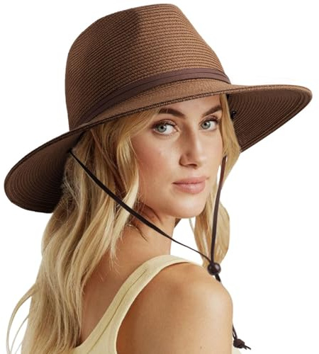 DRESHOW Women Straw Panama Hat Fedora Adjustable Summer Wide Brim Beach Sun Hat with Wind Lanyard UPF 50+